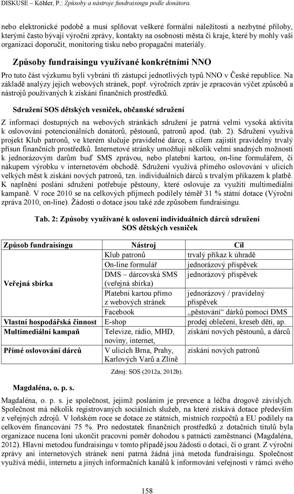 doporučit, monitoring tisku nebo propagační materiály. Způsoby fundraisingu využívané konkrétními NNO Pro tuto část výzkumu byli vybráni tři zástupci jednotlivých typů NNO v České republice.