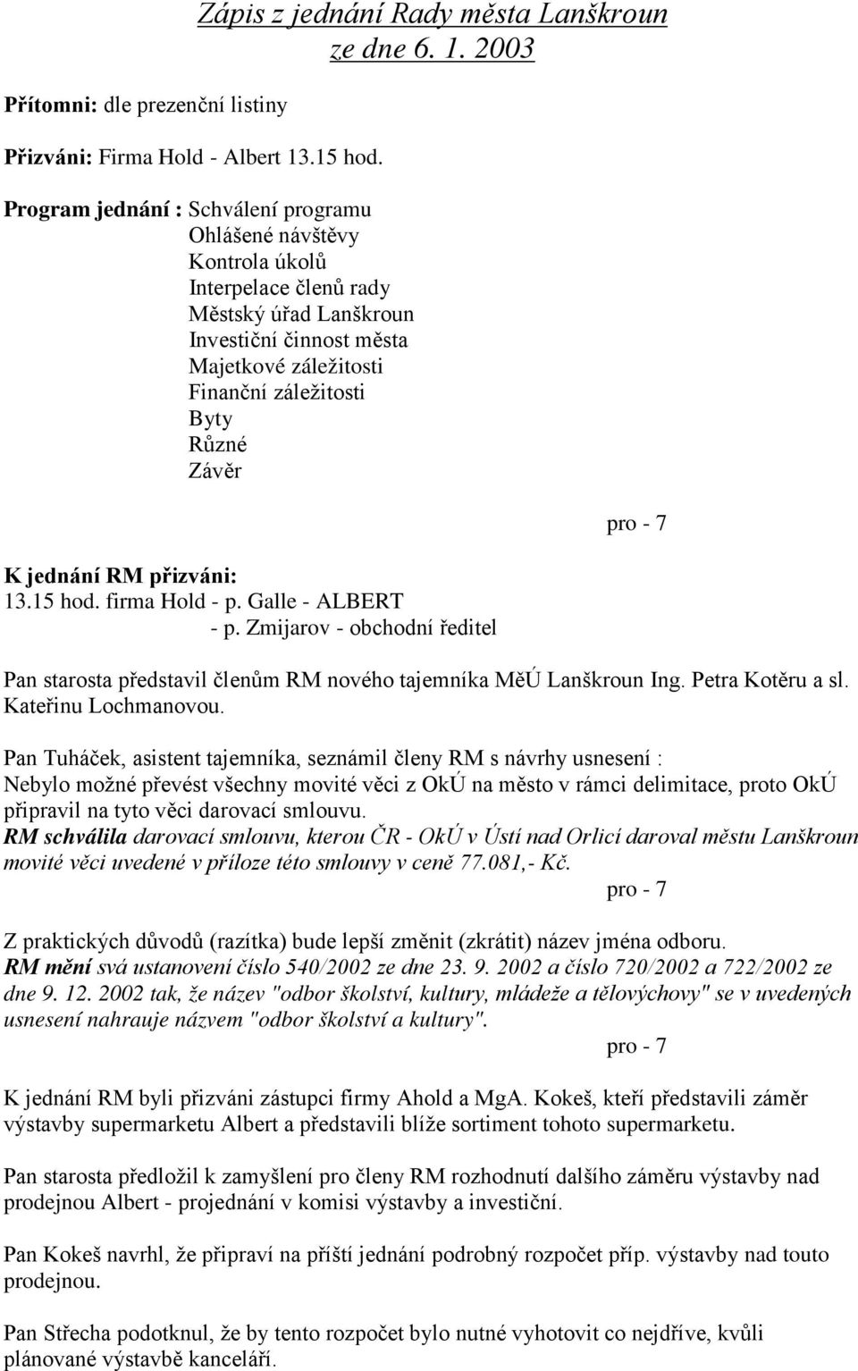 2003 Program jednání : Schválení programu Ohlášené návštěvy Kontrola úkolů Interpelace členů rady Městský úřad Lanškroun Investiční činnost města Majetkové záležitosti Finanční záležitosti Byty Různé