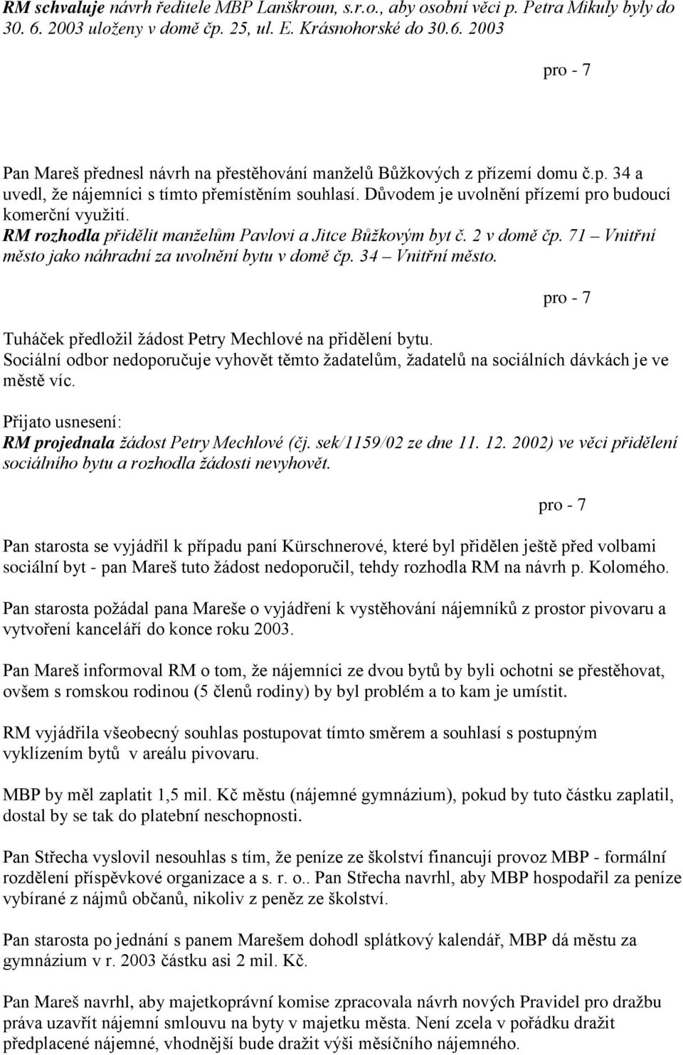 71 Vnitřní město jako náhradní za uvolnění bytu v domě čp. 34 Vnitřní město. Tuháček předložil žádost Petry Mechlové na přidělení bytu.