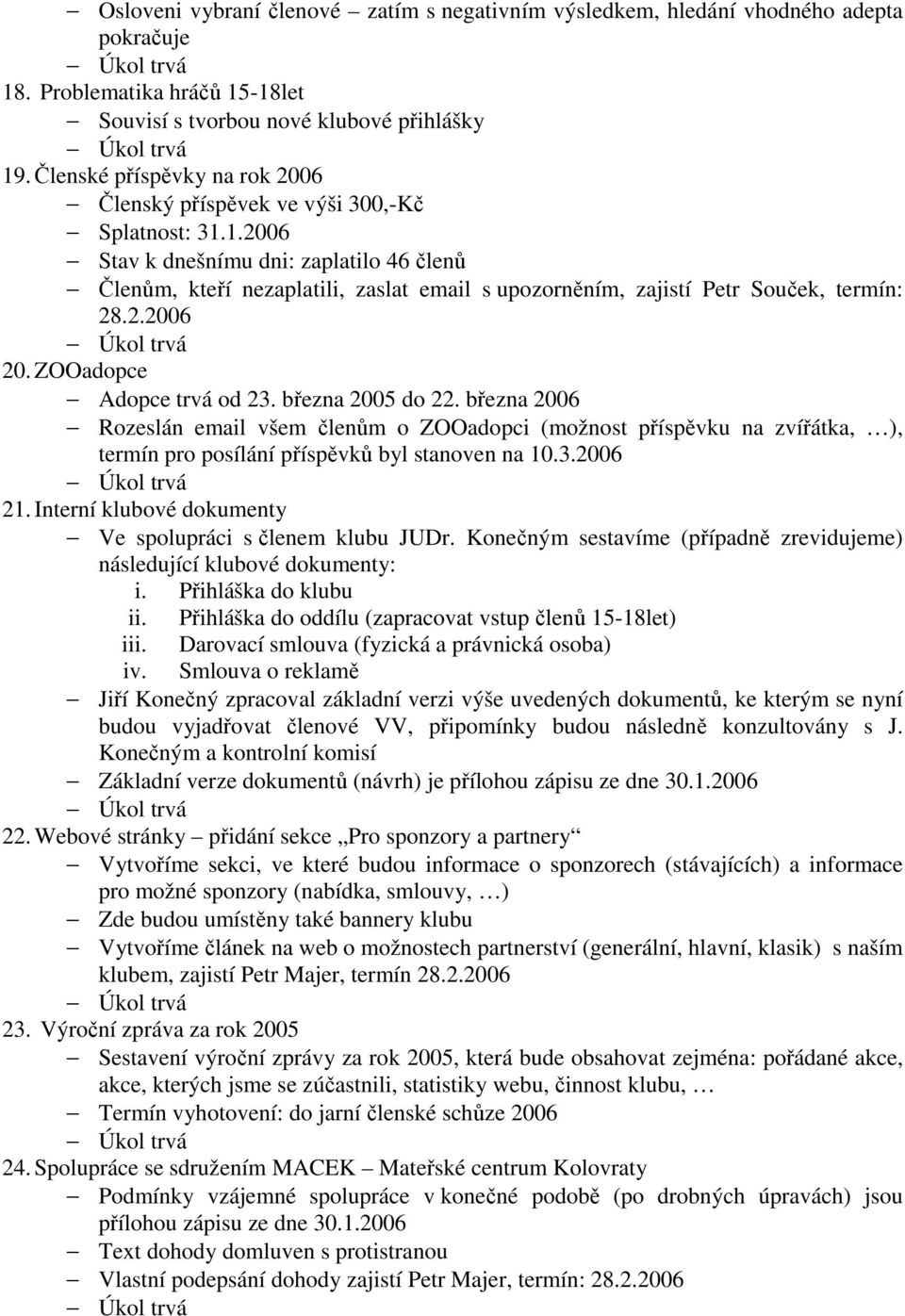 1.2006 Stav k dnešnímu dni: zaplatilo 46 členů Členům, kteří nezaplatili, zaslat email s upozorněním, zajistí Petr Souček, termín: 28.2.2006 20. ZOOadopce Adopce trvá od 23. března 2005 do 22.