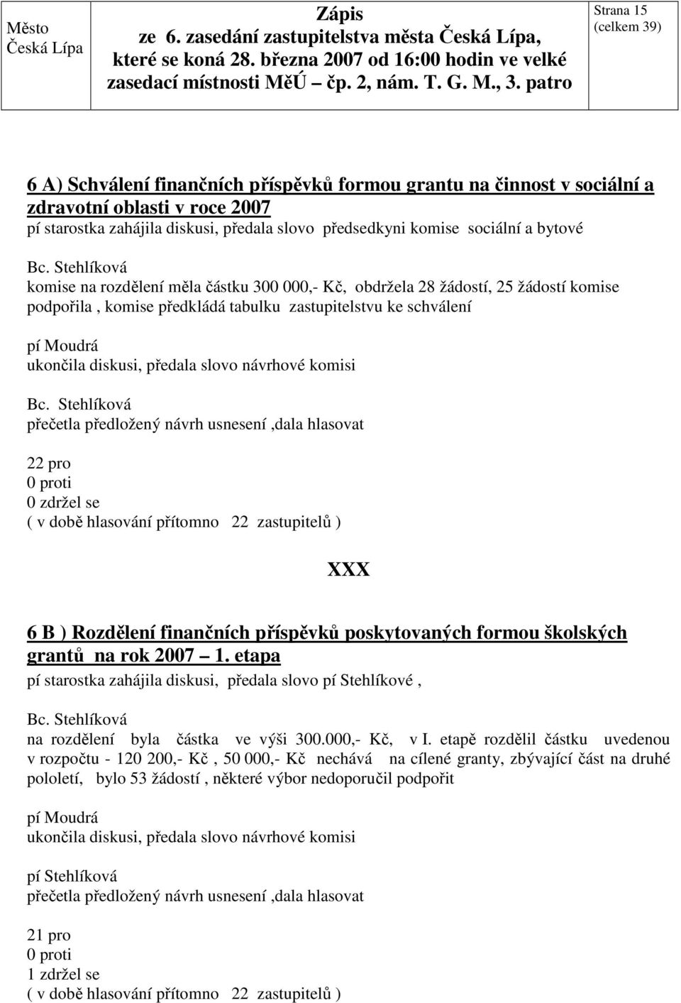 Stehlíková komise na rozdělení měla částku 300 000,- Kč, obdržela 28 žádostí, 25 žádostí komise podpořila, komise předkládá tabulku zastupitelstvu ke schválení ukončila diskusi, předala slovo