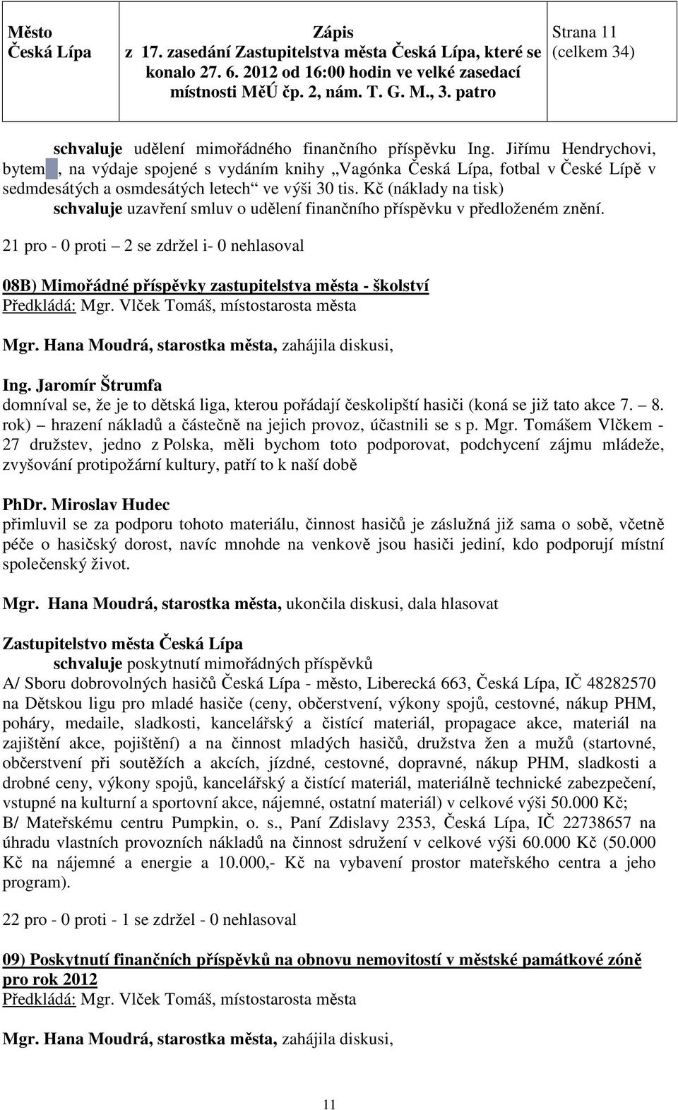 Kč (náklady na tisk) schvaluje uzavření smluv o udělení finančního příspěvku v předloženém znění.