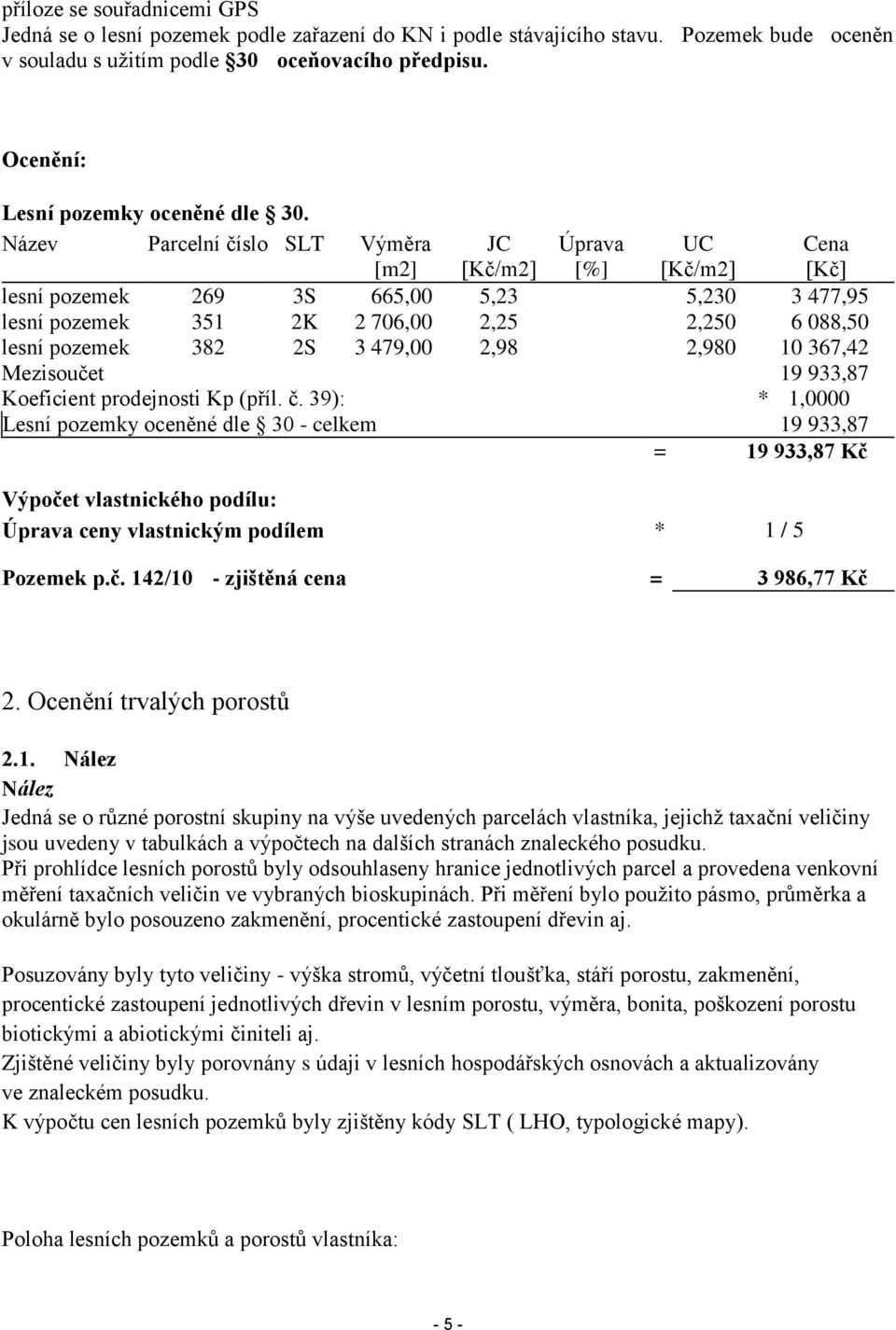 Název Parcelní číslo SLT [m2] JC [Kč/m2] Úprava [%] UC [Kč/m2] [Kč] lesní pozemek 269 3S 665,00 5,23 5,230 3 477,95 lesní pozemek 351 2K 2 706,00 2,25 2,250 6 088,50 lesní pozemek 382 2S 3 479,00