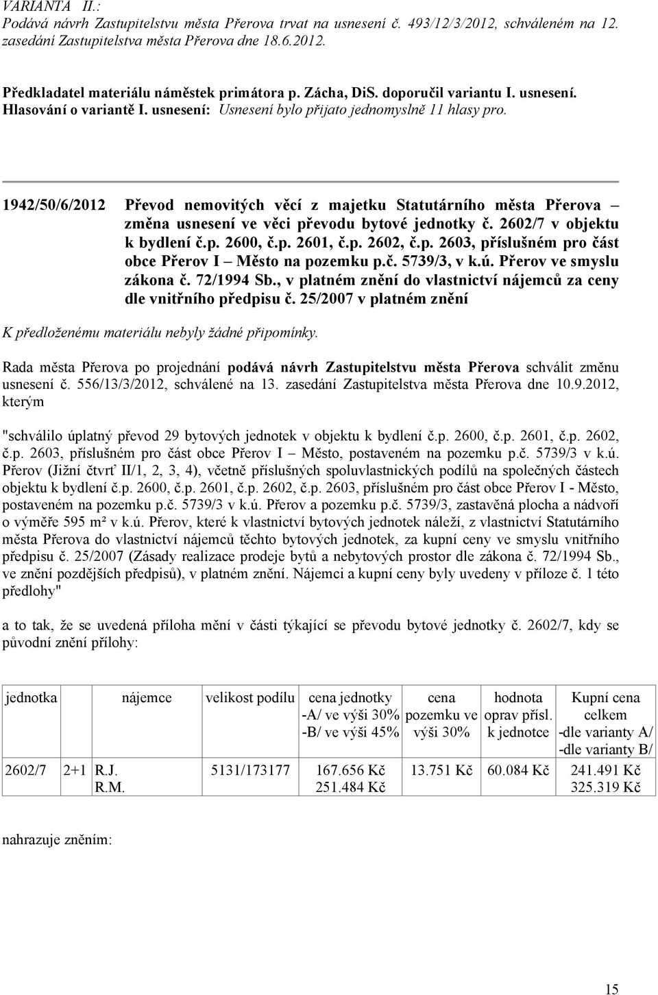 usnesení: 1942/50/6/2012 Převod nemovitých věcí z majetku Statutárního města Přerova změna usnesení ve věci převodu bytové jednotky č. 2602/7 v objektu k bydlení č.p. 2600, č.p. 2601, č.p. 2602, č.p. 2603, příslušném pro část obce Přerov I Město na pozemku p.