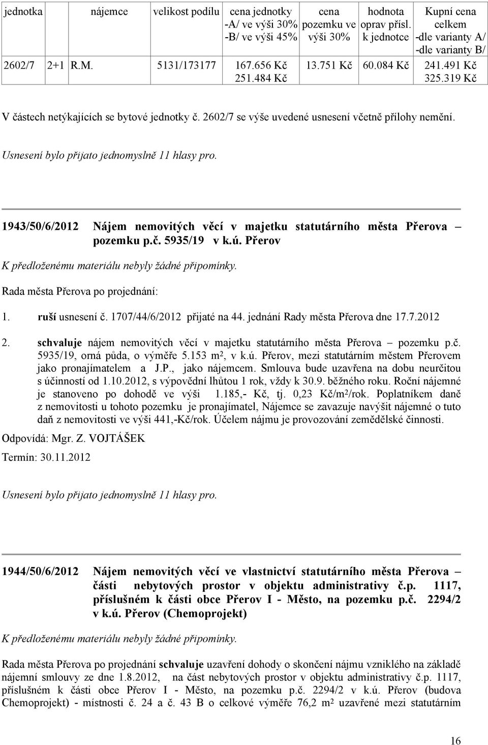 2602/7 se výše uvedené usnesení včetně přílohy nemění. 1943/50/6/2012 Nájem nemovitých věcí v majetku statutárního města Přerova pozemku p.č. 5935/19 v k.ú. Přerov 1. ruší usnesení č.