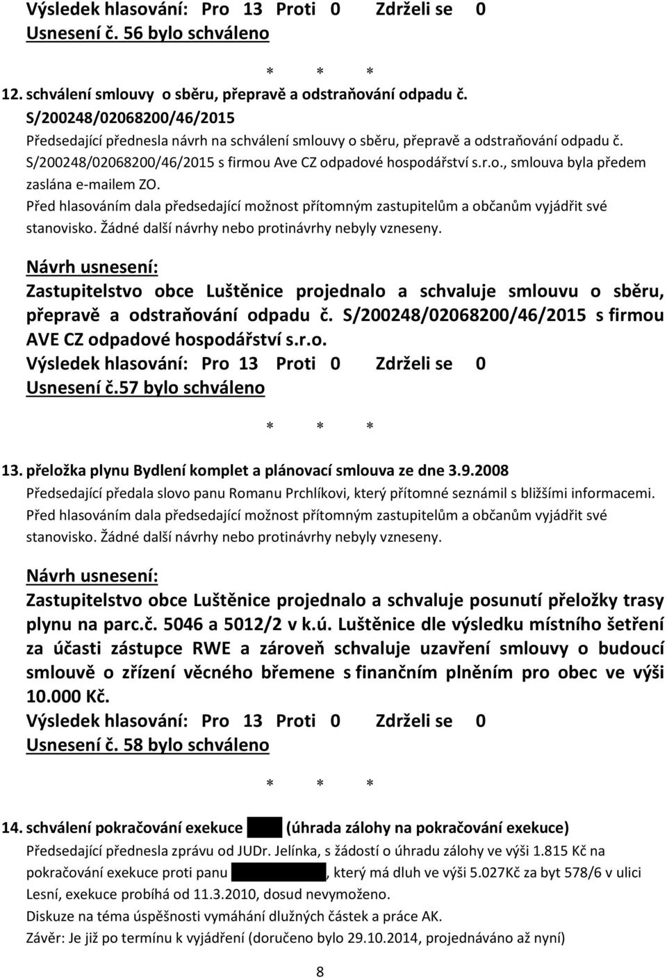 Zastupitelstvo obce Luštěnice projednalo a schvaluje smlouvu o sběru, přepravě a odstraňování odpadu č. S/200248/02068200/46/2015 s firmou AVE CZ odpadové hospodářství s.r.o. Usnesení č.