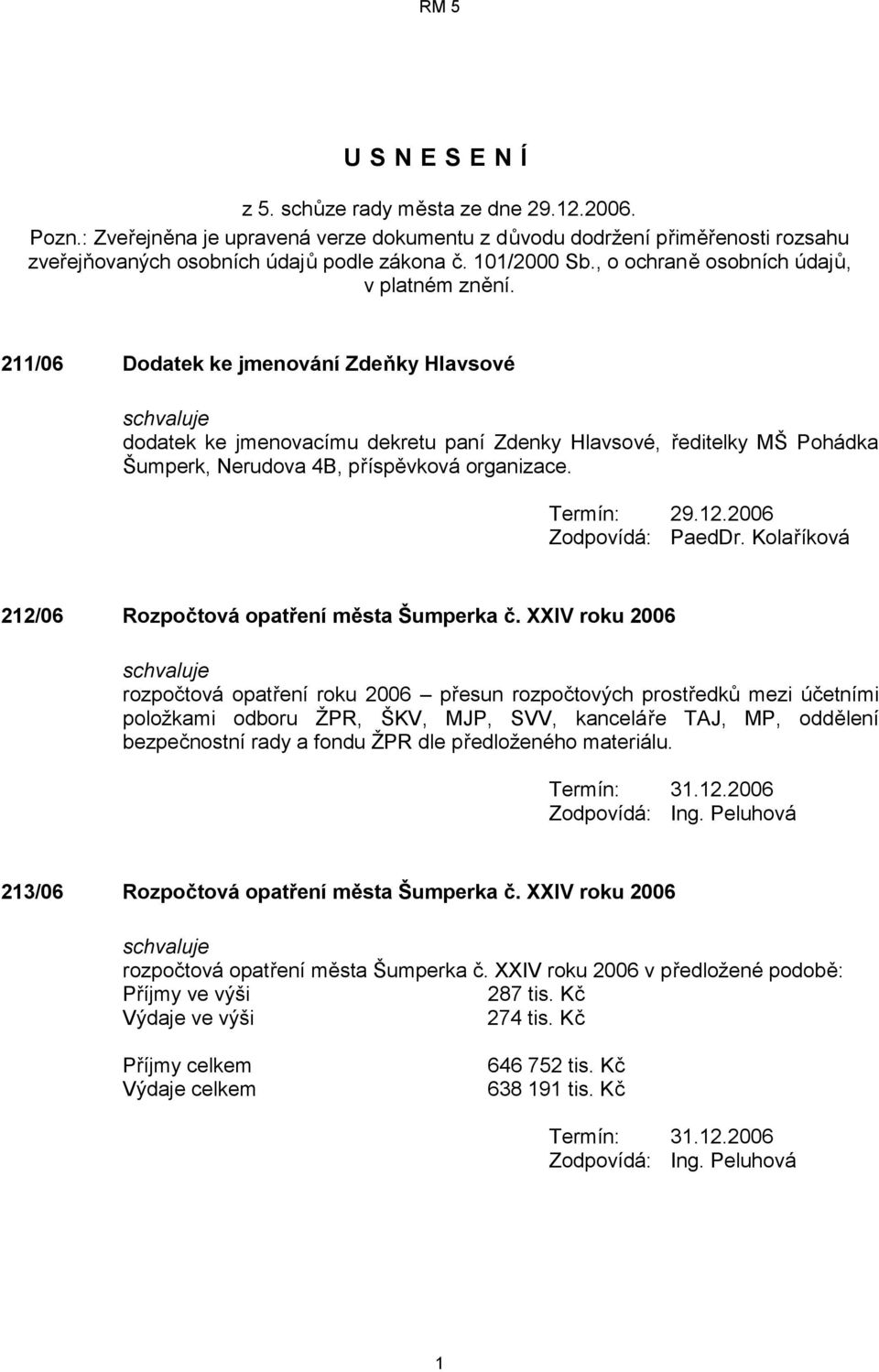 211/06 Dodatek ke jmenování Zdeňky Hlavsové dodatek ke jmenovacímu dekretu paní Zdenky Hlavsové, ředitelky MŠ Pohádka Šumperk, Nerudova 4B, příspěvková organizace. Termín: 29.12.