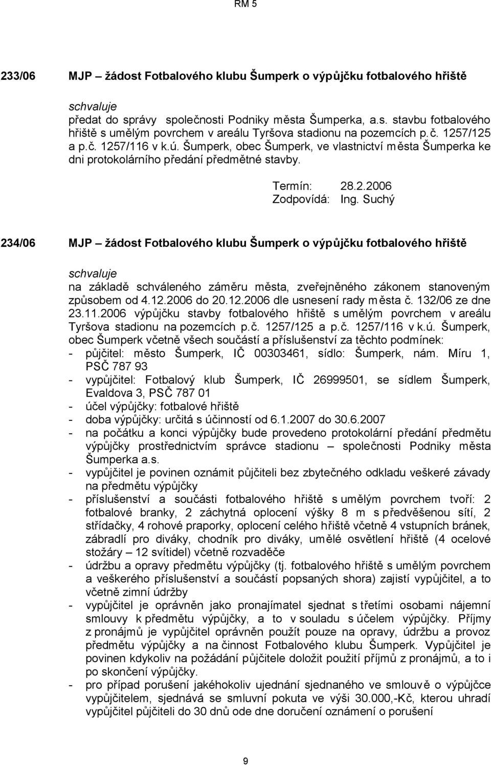 Suchý 234/06 MJP žádost Fotbalového klubu Šumperk o výpůjčku fotbalového hřiště na základě schváleného záměru města, zveřejněného zákonem stanoveným způsobem od 4.12.2006 do 20.12.2006 dle usnesení rady města č.