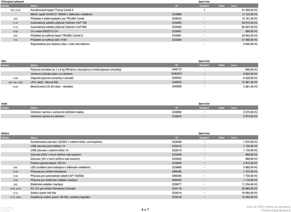 Kč S20 Příplatek za naftové topení TRUMA Combi D D53261 24 842,00 Kč V10 Příplatek za naftový vařič X100 D53284 31 898,00 Kč Reproduktory pro obytnou část, v čele nad kabinou 2 640,00 Kč Plyn Plynová