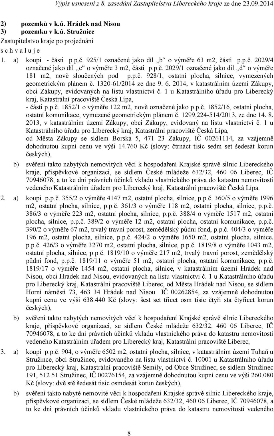 2014, v katastrálním území Zákupy, obci Zákupy, evidovaných na listu vlastnictví č. 1 u Katastrálního úřadu pro ký kraj, Katastrální pracoviště, - části p.p.č. 1852/1 o výměře 122 m2, nově označené jako p.