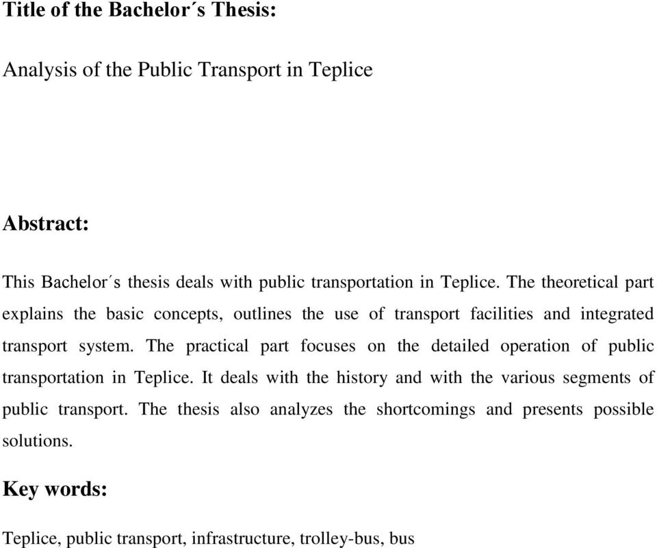 The practical part focuses on the detailed operation of public transportation in Teplice.