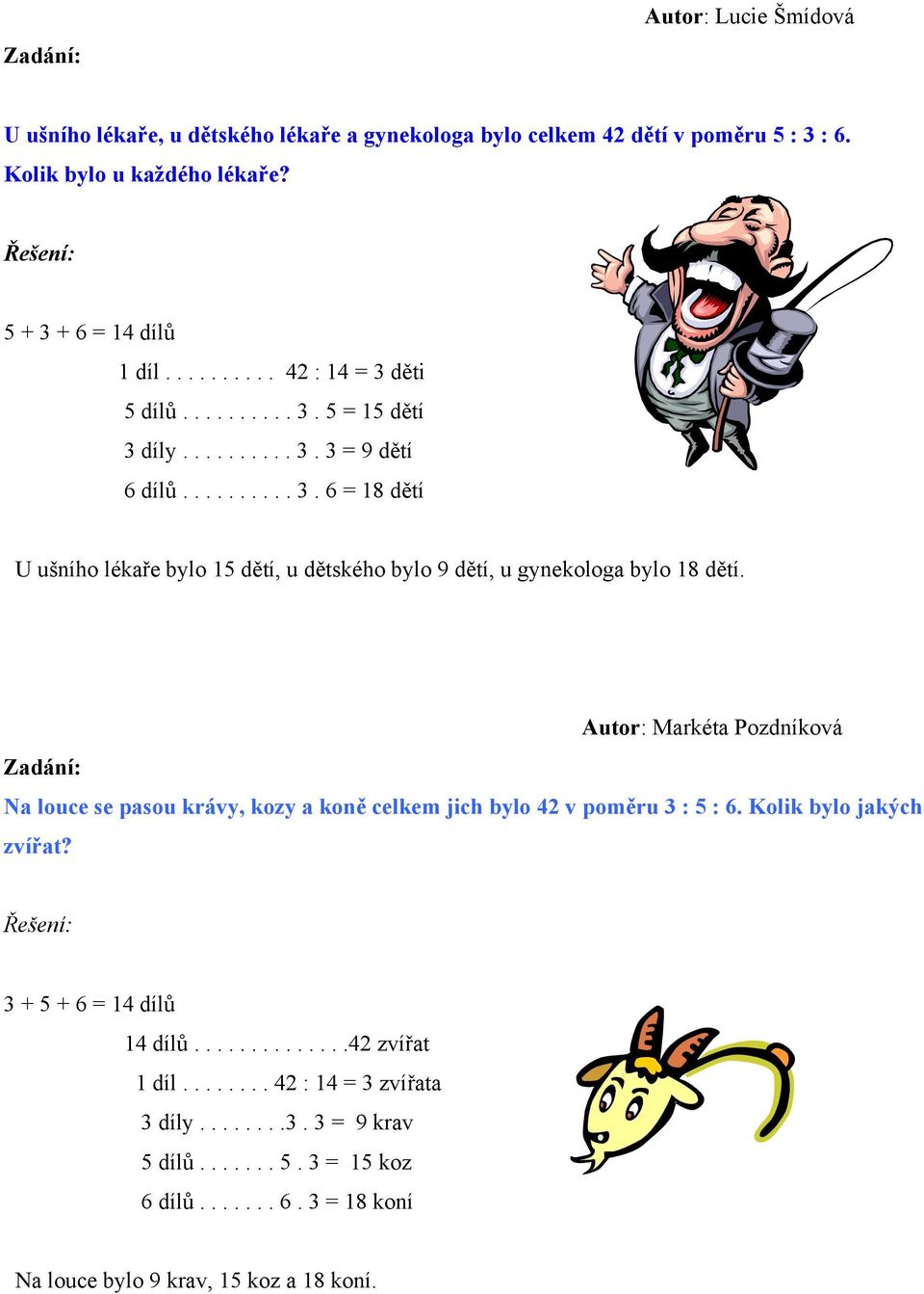 Autor: Markéta Pozdníková Na louce se pasou krávy, kozy a koně celkem jich bylo 42 v poměru 3 : 5 : 6. Kolik bylo jakých zvířat? 3 + 5 + 6 = 14 dílů 14 dílů..............42 zvířat 1 díl.