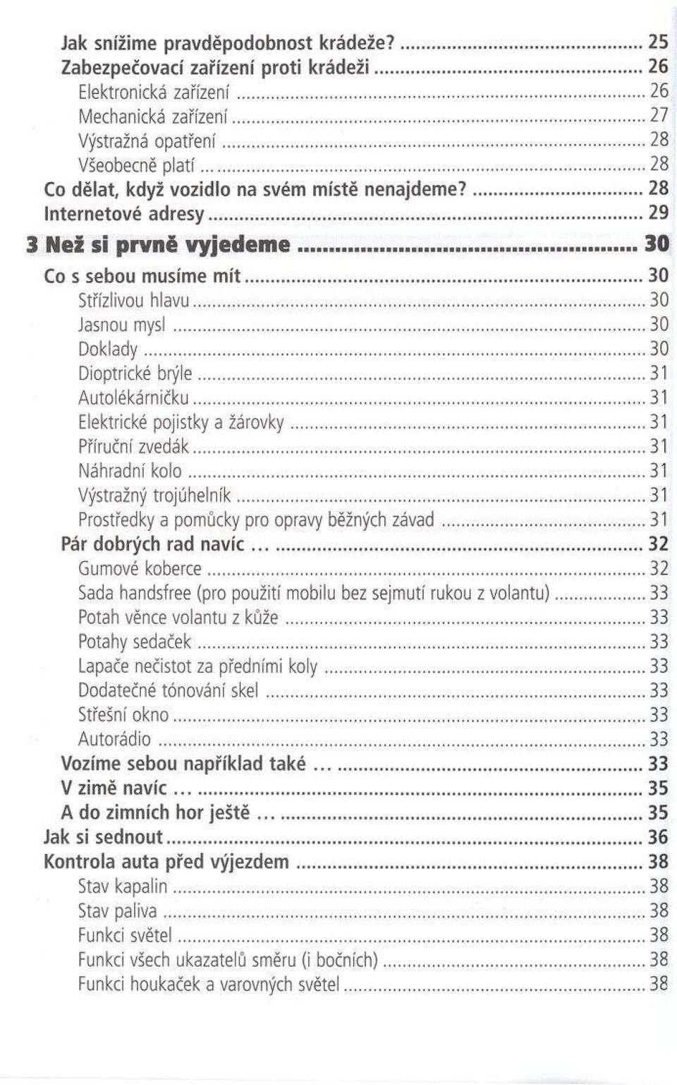 .. 30 Střízlivou hlavu...30 Jasnou m y s l...30 Doklady...30 Dioptrické brýle...31 Autolékárničku...31 Elektrické pojistky a žárovky... 31 Příruční zvedák... 31 Náhradní k o lo.