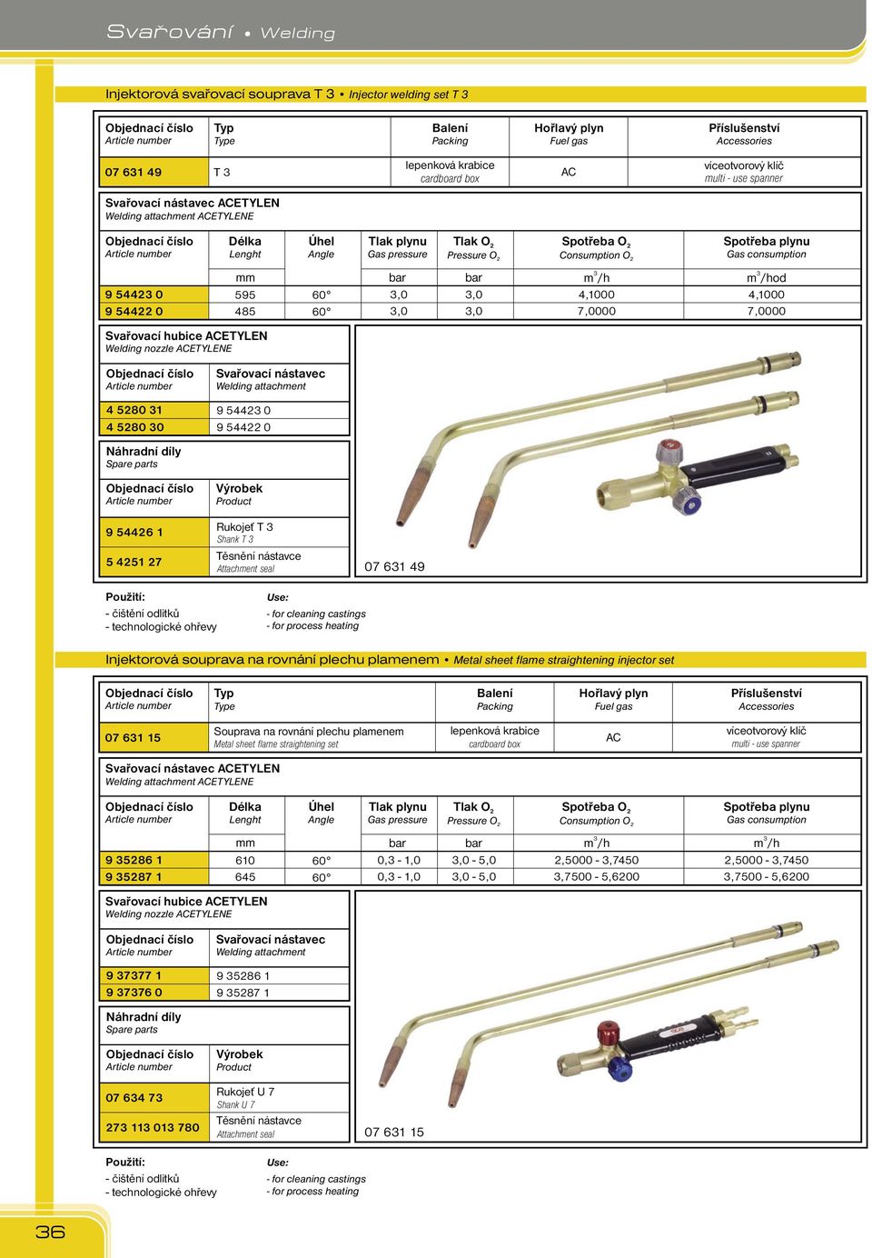 čištění odlitků - for cleaning castings - technologické ohřevy - for process heating Injektorová souprava na rovnání plechu plamenem Metal sheet flame straightening injector set 07 61 15 Souprava na