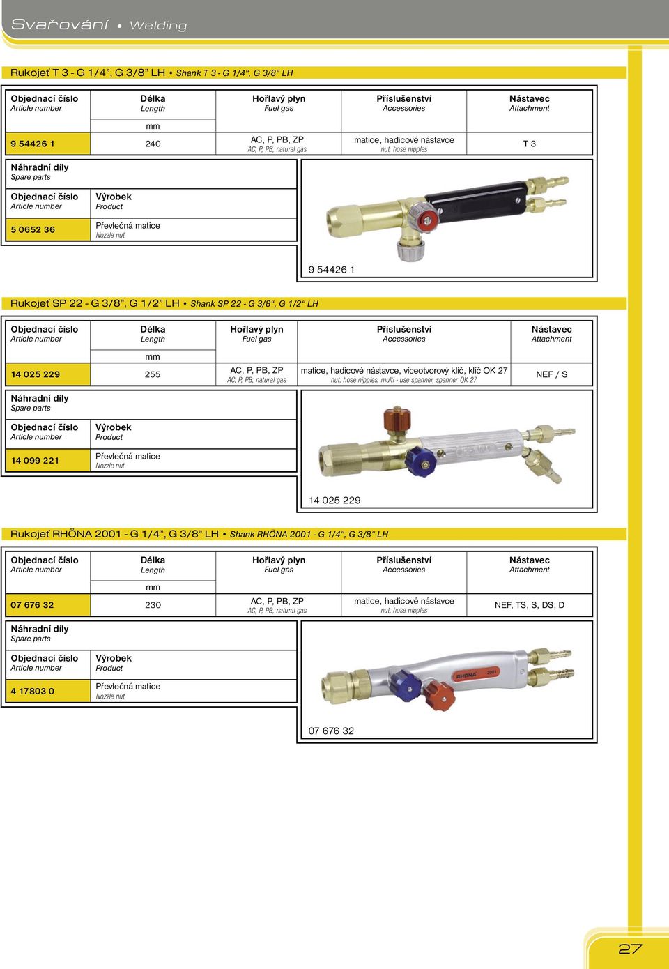 klíč OK 27, P,, natural gas nut, hose nipples, multi - use spanner, spanner OK 27 NEF / S 14 099 221 Převlečná matice Nozzle nut 14 025 229 Rukojeť RHÖNA 2001 - G 1/4, G /8 LH Shank RHÖNA