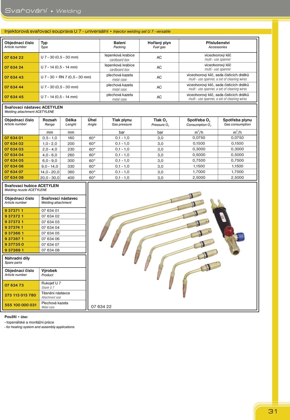 víceotvorový klíč multi - use spanner ETYLEN ETYLENE 07 64 01 07 64 02 07 64 0 07 64 04 07 64 05 07 64 06 07 64 07 07 64 08 Rozsah Range Svařovací hubice ETYLEN Welding nozzle ETYLENE - 1,0 1,0-2,0
