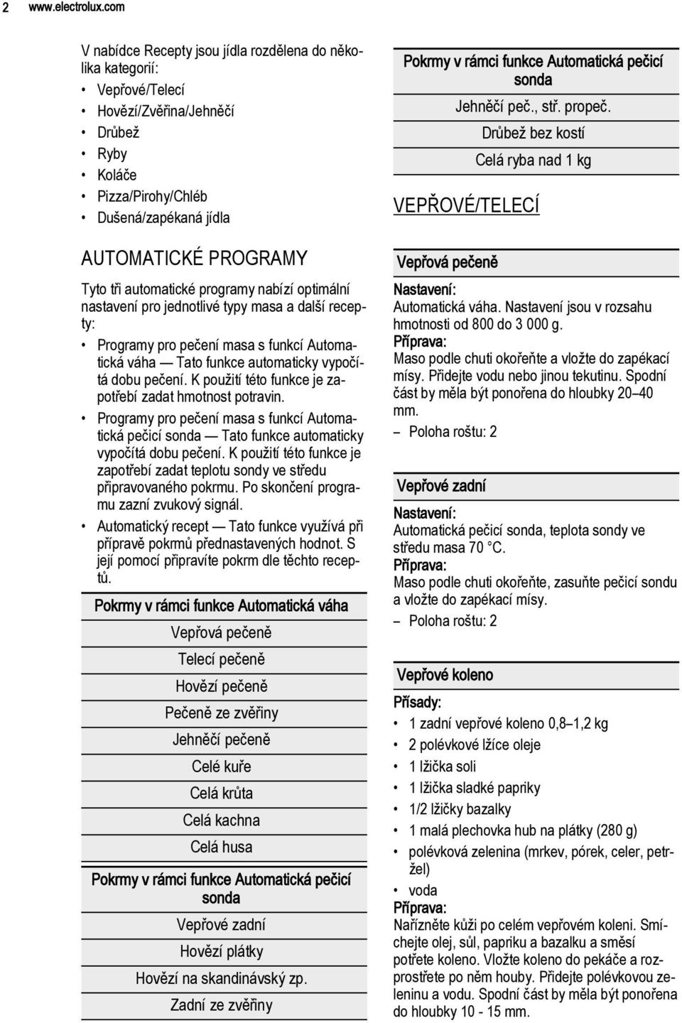 automatické programy nabízí optimální nastavení pro jednotlivé typy masa a další recepty: Programy pro pečení masa s funkcí Automatická váha Tato funkce automaticky vypočítá dobu pečení.