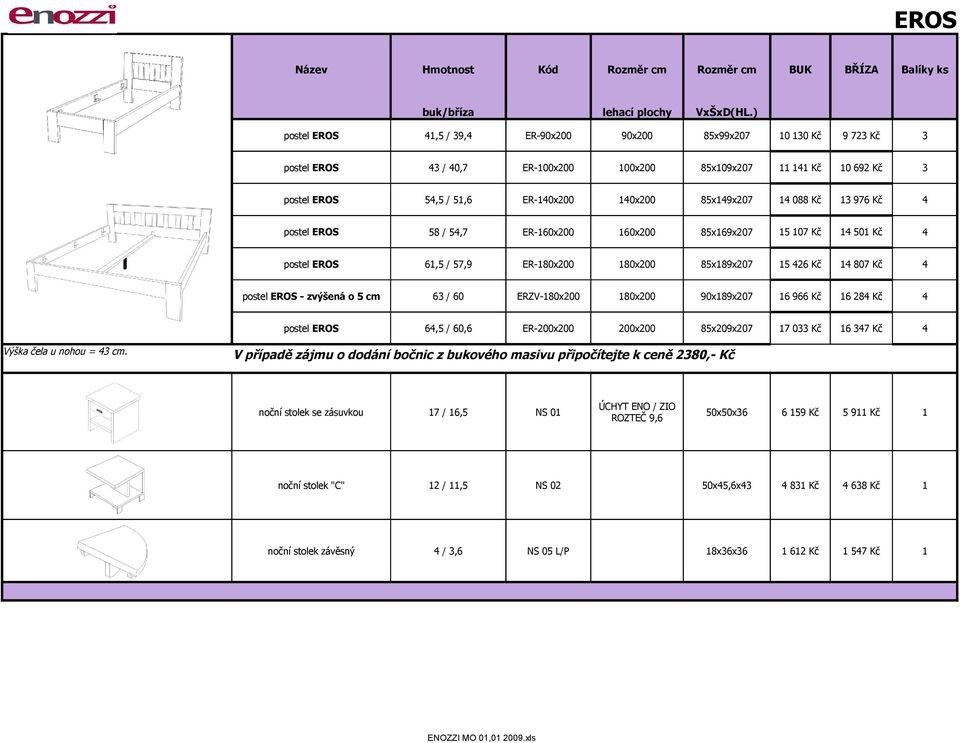 Kč postel EROS 58 / 5,7 ER-60x200 60x200 85x69x207 5 07 Kč 50 Kč postel EROS 6,5 / 57,9 ER-80x200 80x200 85x89x207 5 26 Kč 807 Kč postel EROS - zvýšená o 5 cm 63 / 60 ERZV-80x200 80x200 90x89x207 6