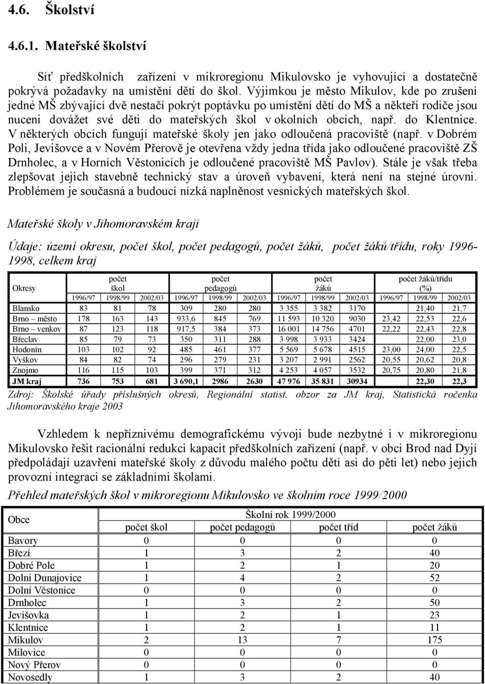 např. do Klentnice. V některých obcích fungují mateřské školy jen jako odloučená pracoviště (např.