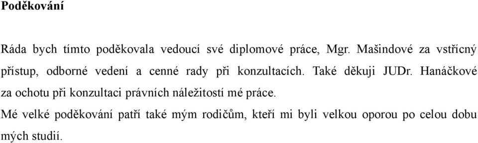 Také děkuji JUDr. Hanáčkové za ochotu při konzultaci právních náleţitostí mé práce.