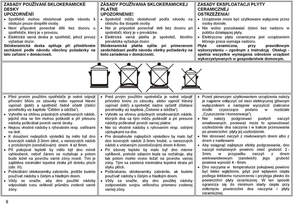 ZÁSADY POUŽÍVANIA SKLOKERAMICKEJ PLATNE UPOZORNENIE! Spotrebič môžu obsluhovať podľa návodu na obsluhu iba dospelé osoby.