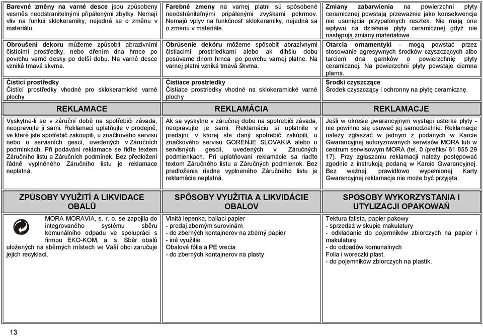 Čistící prostředky Čistící prostředky vhodné pro sklokeramické varné plochy Farebné zmeny na varnej platni sú spôsobené neodstrániteľnými pripálenými zvyškami pokrmov.