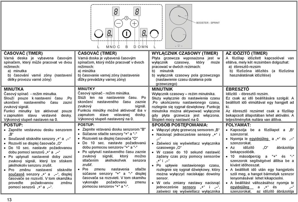 POSTUP: Zapněte vestavnou desku senzorem B Současně stiskněte senzory + a Rozsvítí se displej časovače O Do 10 sec.