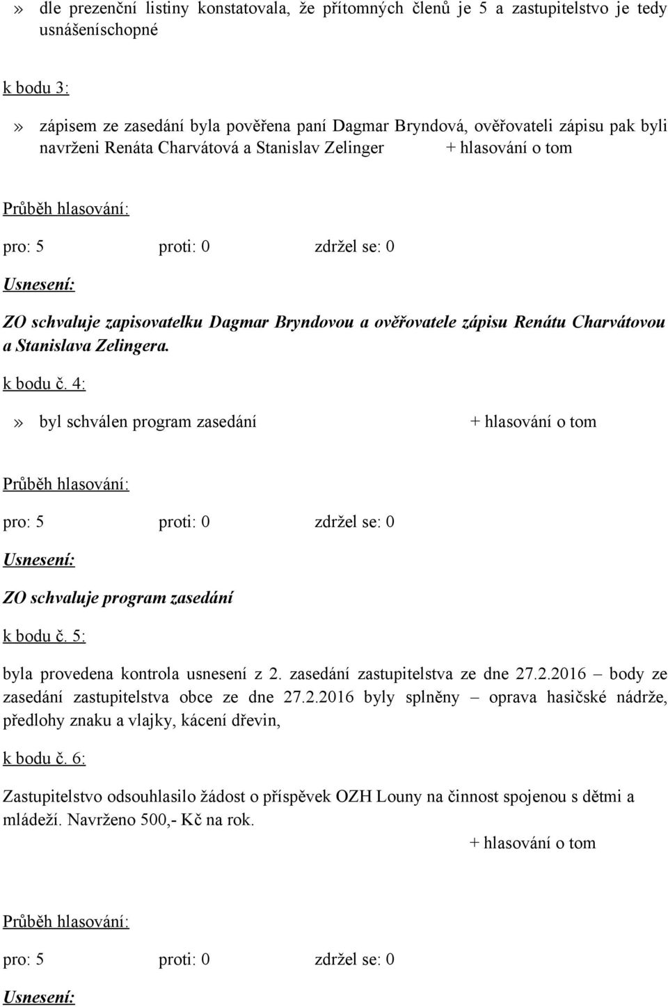 4:» byl schválen program zasedání ZO schvaluje program zasedání k bodu č. 5: byla provedena kontrola usnesení z 2. zasedání zastupitelstva ze dne 27.2.2016 body ze zasedání zastupitelstva obce ze dne 27.