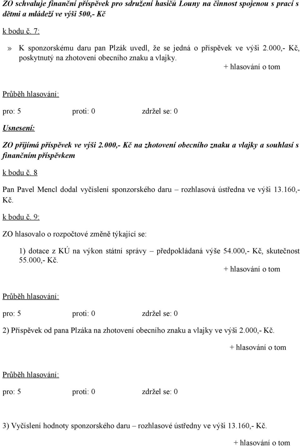 000,- Kč na zhotovení obecního znaku a vlajky a souhlasí s finančním příspěvkem k bodu č. 8 Pan Pavel Mencl dodal vyčíslení sponzorského daru rozhlasová ústředna ve výši 13.160,- Kč. k bodu č. 9: ZO hlasovalo o rozpočtové změně týkající se: 1) dotace z KÚ na výkon státní správy předpokládaná výše 54.