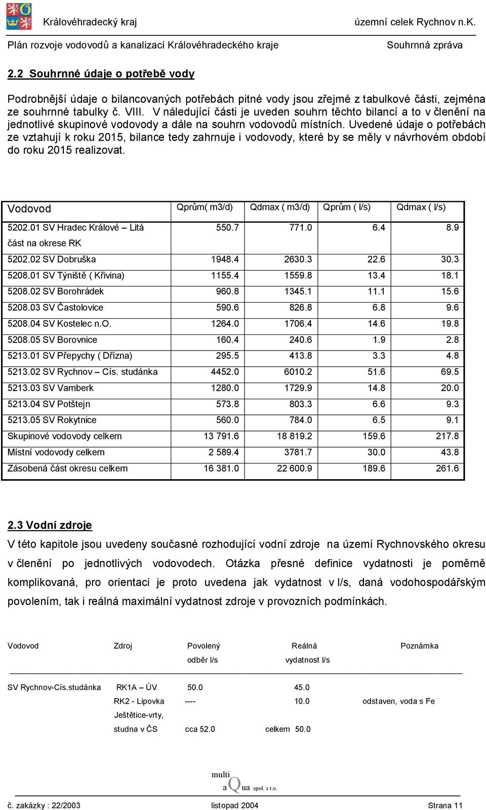 Uvedené údaje o potřebách ze vztahují k roku 2015, bilance tedy zahrnuje i vodovody, které by se měly v návrhovém období do roku 2015 realizovat.