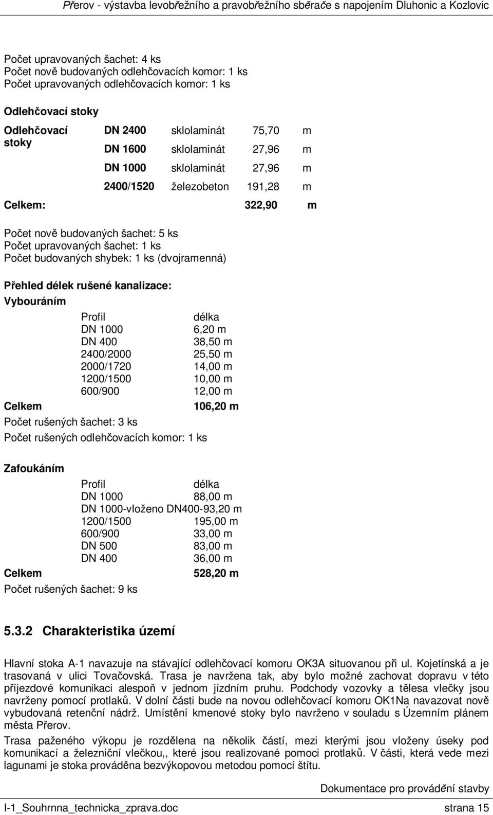 (dvojramenná) ehled délek rušené kanalizace: Vybouráním Celkem Po et rušených šachet: 3 ks Profil délka DN 1000 6,20 m DN 400 38,50 m 2400/2000 25,50 m 2000/1720 14,00 m 1200/1500 10,00 m 600/900