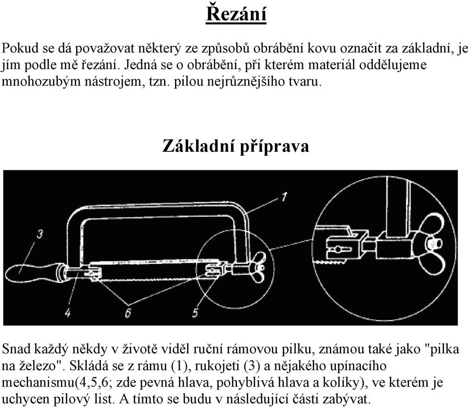 Základní příprava Snad každý někdy v životě viděl ruční rámovou pilku, známou také jako "pilka na železo".