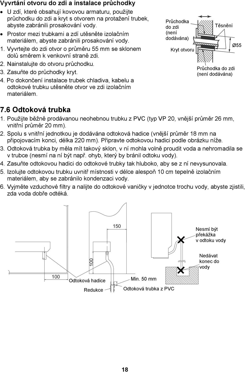 Nainstalujte do otvoru průchodku. 3. Zasuňte do průchodky kryt. 4. Po dokončení instalace trubek chladiva, kabelu a odtokové trubku utěsněte otvor ve zdi izolačním materiálem.