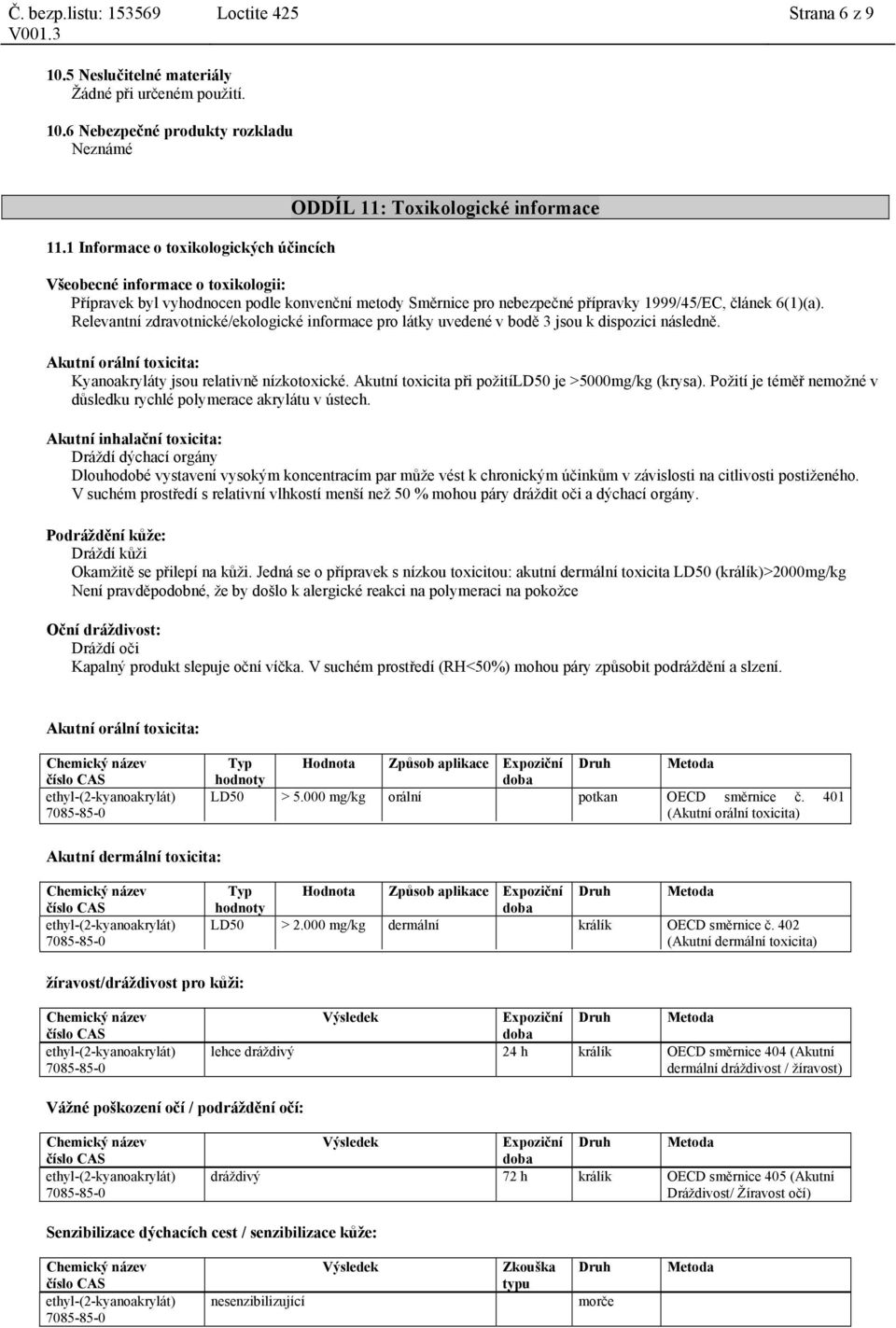 1999/45/EC, článek 6(1)(a). Relevantní zdravotnické/ekologické informace pro látky uvedené v bodě 3 jsou k dispozici následně. Akutní orální toxicita: Kyanoakryláty jsou relativně nízkotoxické.