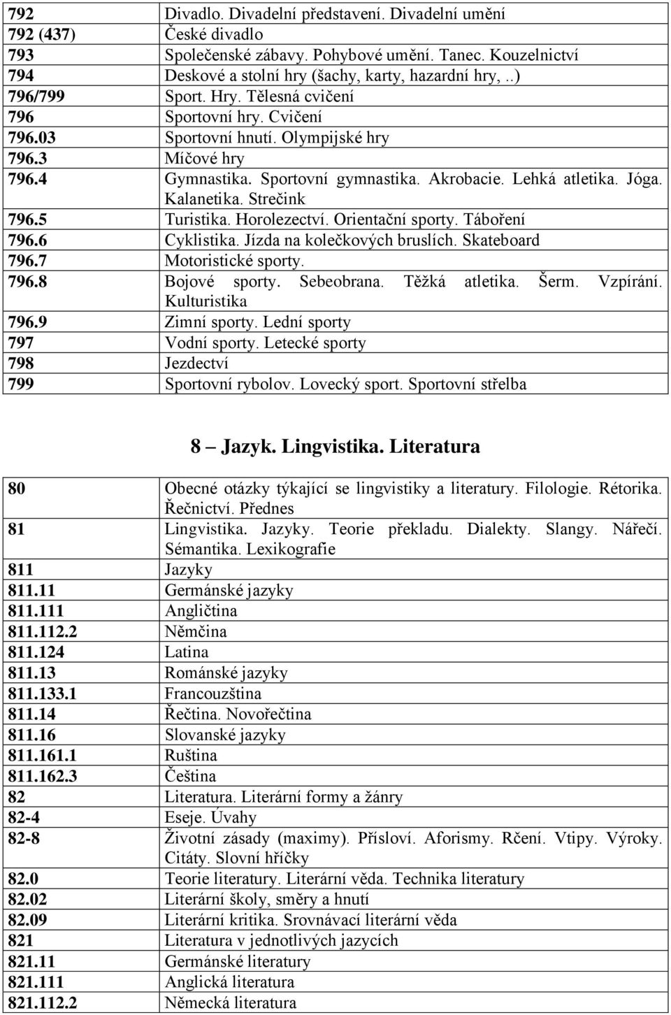 Kalanetika. Strečink 796.5 Turistika. Horolezectví. Orientační sporty. Táboření 796.6 Cyklistika. Jízda na kolečkových bruslích. Skateboard 796.7 Motoristické sporty. 796.8 Bojové sporty. Sebeobrana.