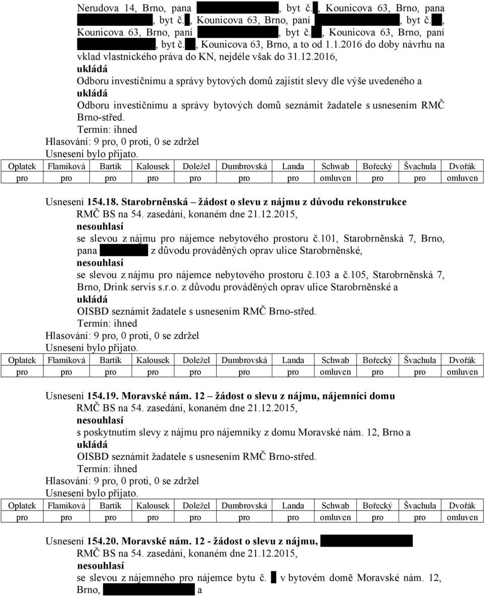 2016, Odboru investičnímu a správy bytových domů zajistit slevy dle výše uvedeného a Odboru investičnímu a správy bytových domů seznámit žadatele s usnesením RMČ Brno-střed. Usnesení 154.18.