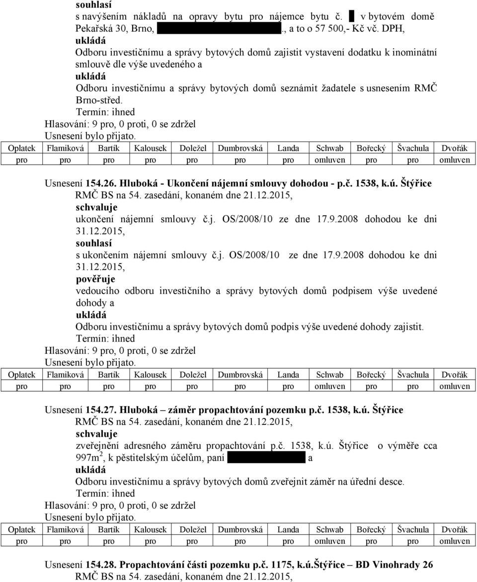 Brno-střed. Usnesení 154.26. Hluboká - Ukončení nájemní smlouvy dohodou - p.č. 1538, k.ú. Štýřice ukončení nájemní smlouvy č.j. OS/2008/10 ze dne 17.9.2008 dohodou ke dni 31.12.