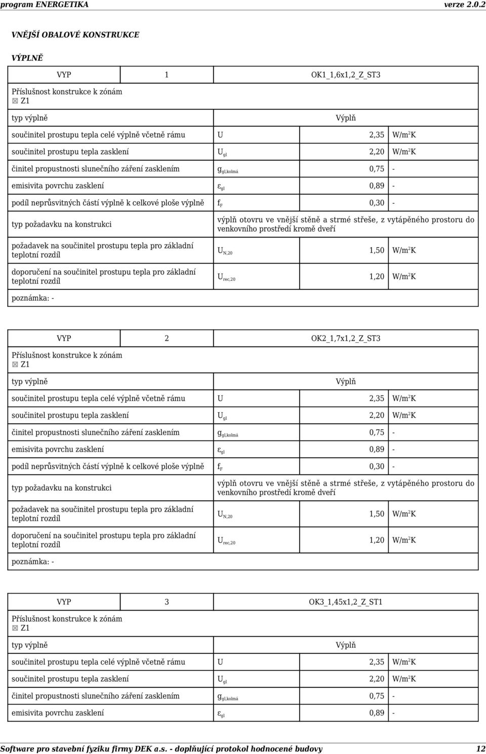 podíl neprůsvitných částí výplně k celkové ploše výplně f F 0,30 - VYP 2 OK2_1,7x1,2_Z_ST3 Z1 součinitel prostupu tepla celé výplně včetně rámu U 2,35 W/m 2 K součinitel prostupu