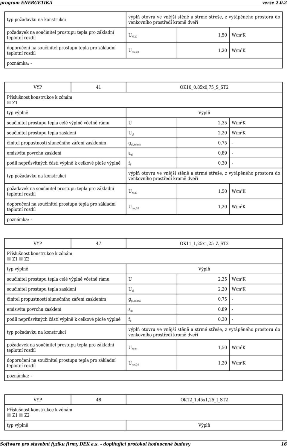 W/m 2 K podíl neprůsvitných částí výplně k celkové ploše výplně f F 0,30 - VYP 47 OK11_1,25x1,25_Z_ST2 Z1 Z2 součinitel prostupu tepla celé