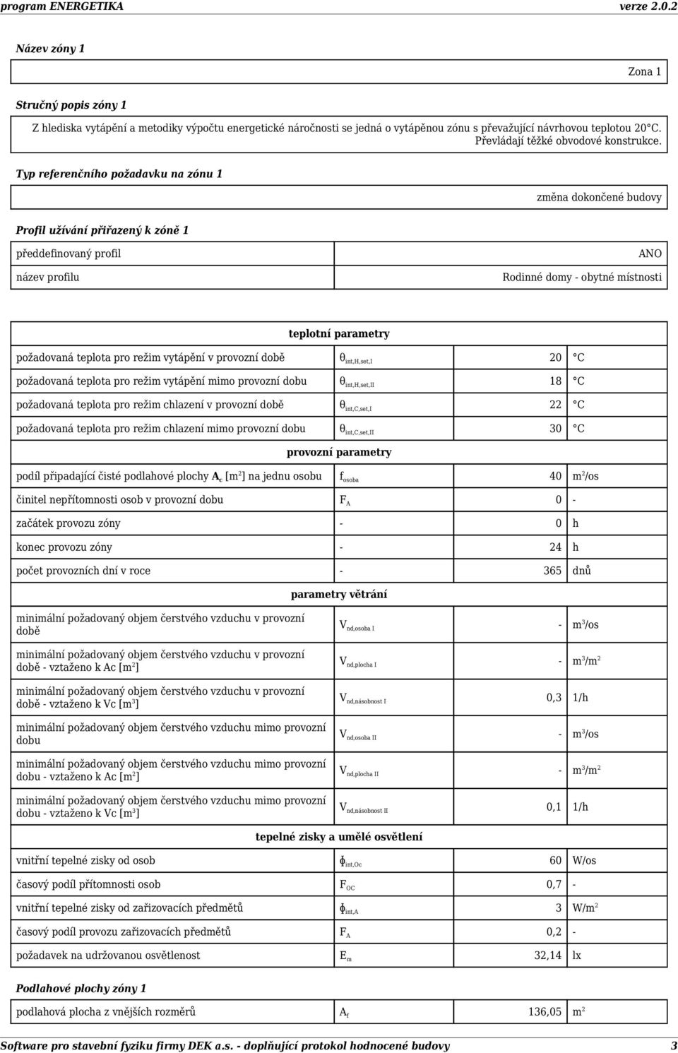 Typ referenčního požadavku na zónu 1 změna dokončené budovy Profil užívání přiřazený k zóně 1 předdefinovaný profil název profilu Rodinné domy - obytné místnosti teplotní parametry požadovaná teplota