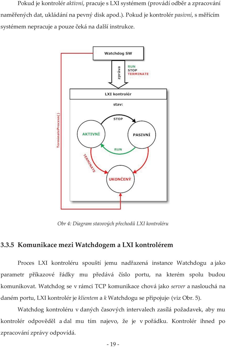 3.5 Komunikace mezi Watchdogem a LXI kontrolérem Proces LXI kontroléru spouští jemu nadřazená instance Watchdogu a jako parametr příkazové řádky mu předává číslo portu, na kterém spolu budou