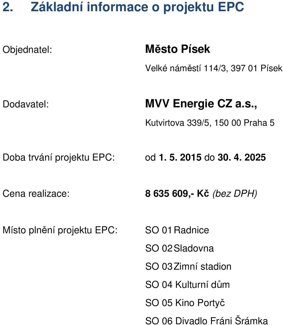 4. 2025 Cena realizace: 8 635 609,- Kč (bez DPH) Místo plnění projektu EPC: SO 01 Radnice SO 02