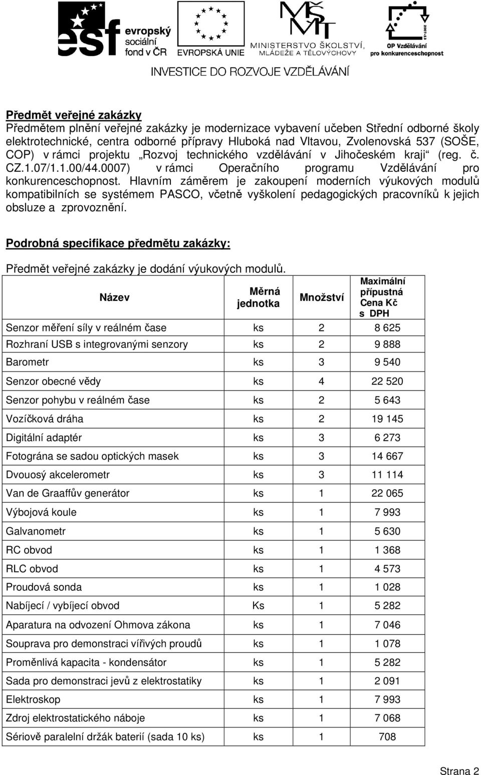 Hlavním záměrem je zakoupení moderních výukových modulů kompatibilních se systémem PASCO, včetně vyškolení pedagogických pracovníků k jejich obsluze a zprovoznění.