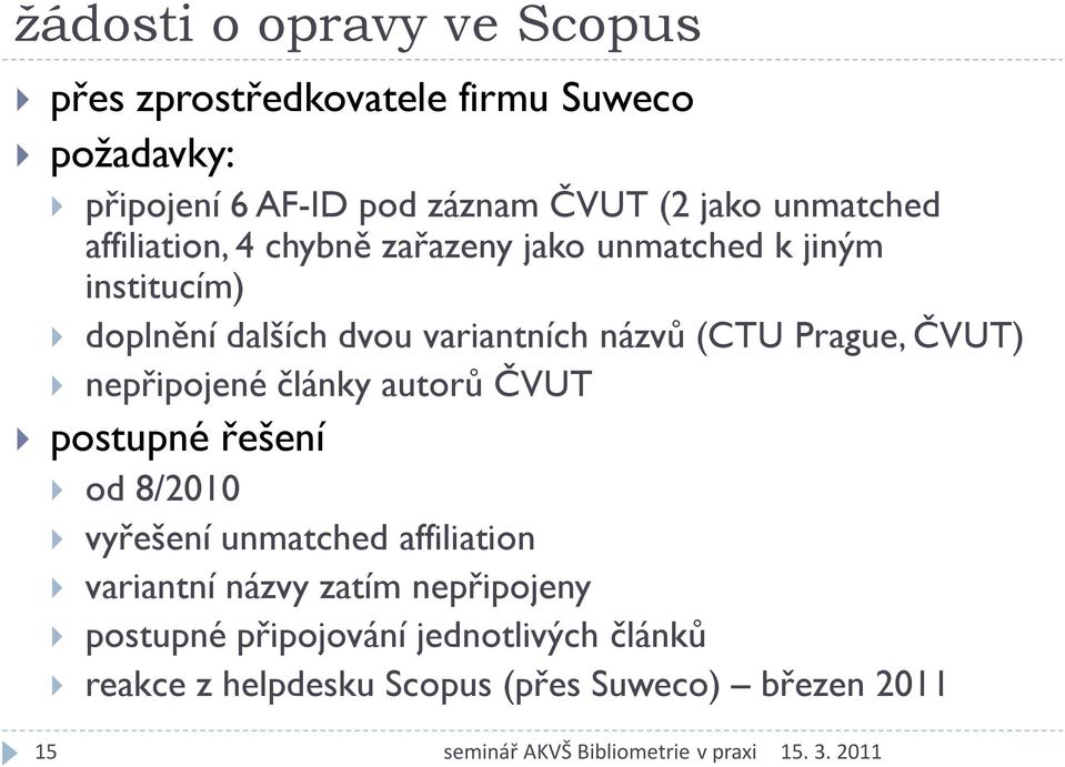 (CTU Prague, ČVUT) nepřipojené články autorů ČVUT postupné řešení od 8/2010 vyřešení unmatched affiliation variantní