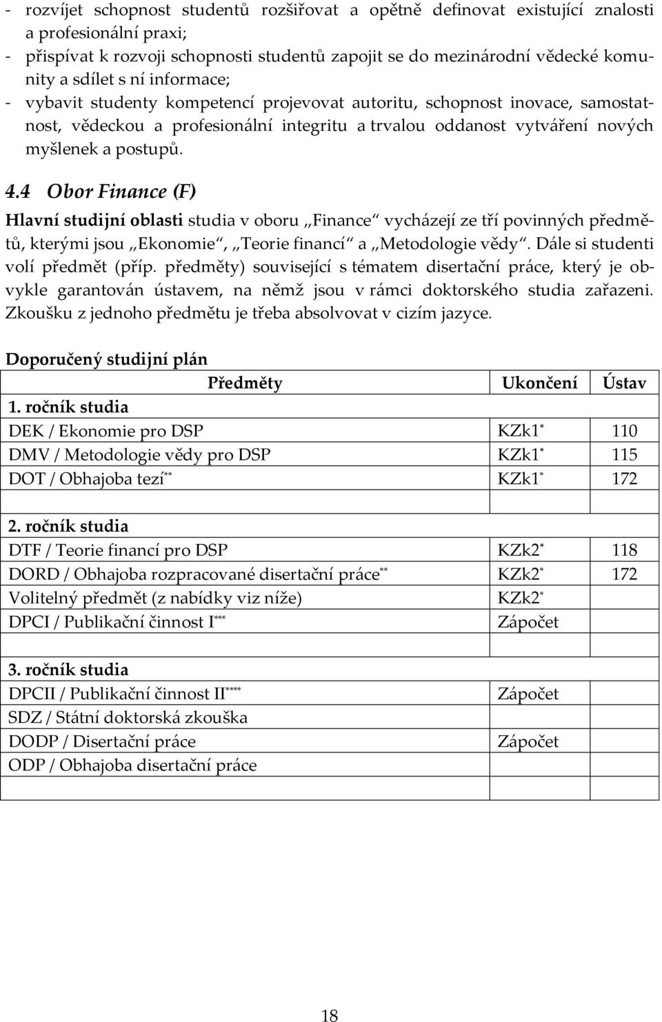 4 Obor Finance (F) Hlavní studijní oblasti studia v oboru Finance vycházejí ze tří povinných předmětů, kterými jsou Ekonomie, Teorie financí a Metodologie vědy. Dále si studenti volí předmět (příp.