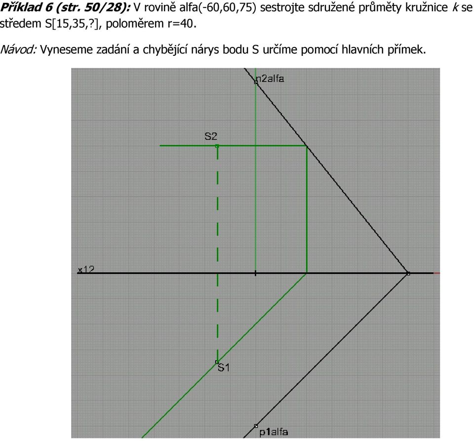 sdružené průměty kružnice k se středem S[15,35,?