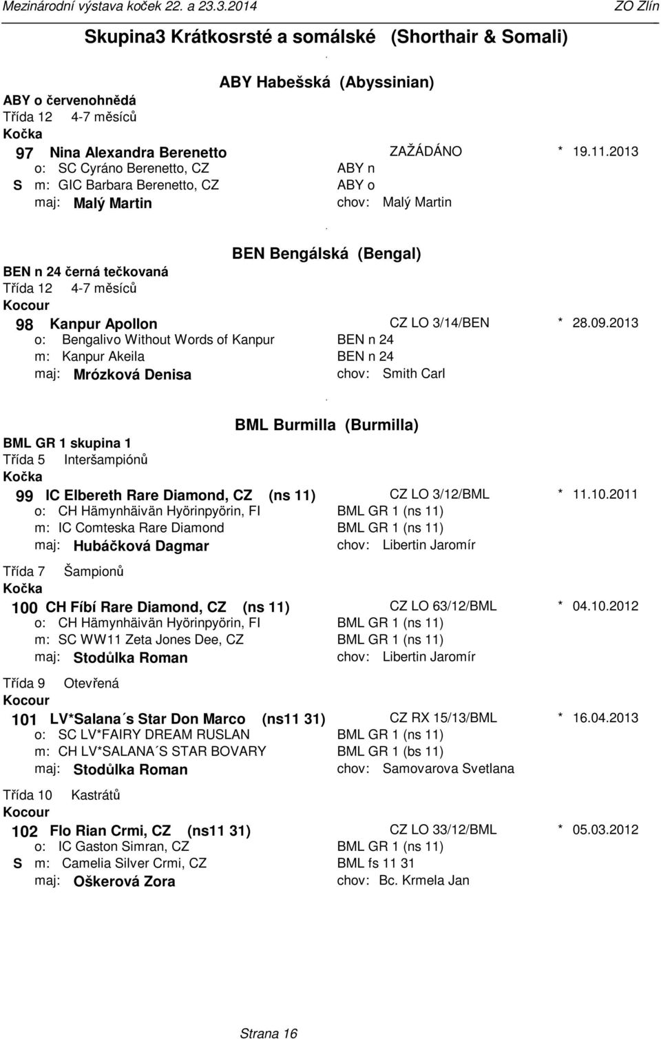 Kanpur Kanpur Akeila BEN n 24 BEN n 24 maj: Mrózková Denisa Smith Carl 28092013 BML Burmilla (Burmilla) BML GR 1 skupina 1 Třída 5 Interšampiónů 99 IC Elbereth Rare Diamond, CZ (ns 11) CZ LO 3/12/BML