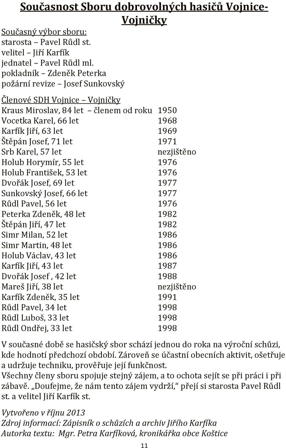 let 1971 Srb Karel, 57 let nezjištěno Holub Horymír, 55 let 1976 Holub František, 53 let 1976 Dvořák Josef, 69 let 1977 Sunkovský Josef, 66 let 1977 Růdl Pavel, 56 let 1976 Peterka Zdeněk, 48 let