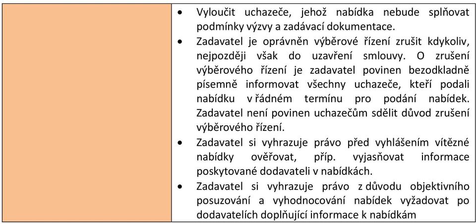 O zrušení výběrového řízení je zadavatel povinen bezodkladně písemně informovat všechny uchazeče, kteří podali nabídku v řádném termínu pro podání nabídek.