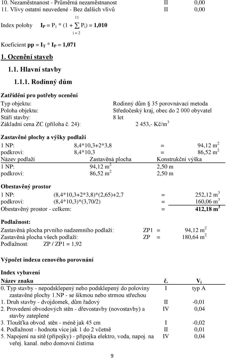 1. Hlavní stavby 1.1.1. Rodinný dům 11 i = 2 Zatřídění pro potřeby ocenění Typ objektu: Rodinný dům 35 porovnávací metoda Poloha objektu: Středočeský kraj, obec do 2 000 obyvatel Stáří stavby: 8 let